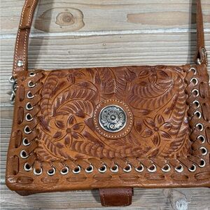 American West Brown Embossed Leather Shoulder Bag